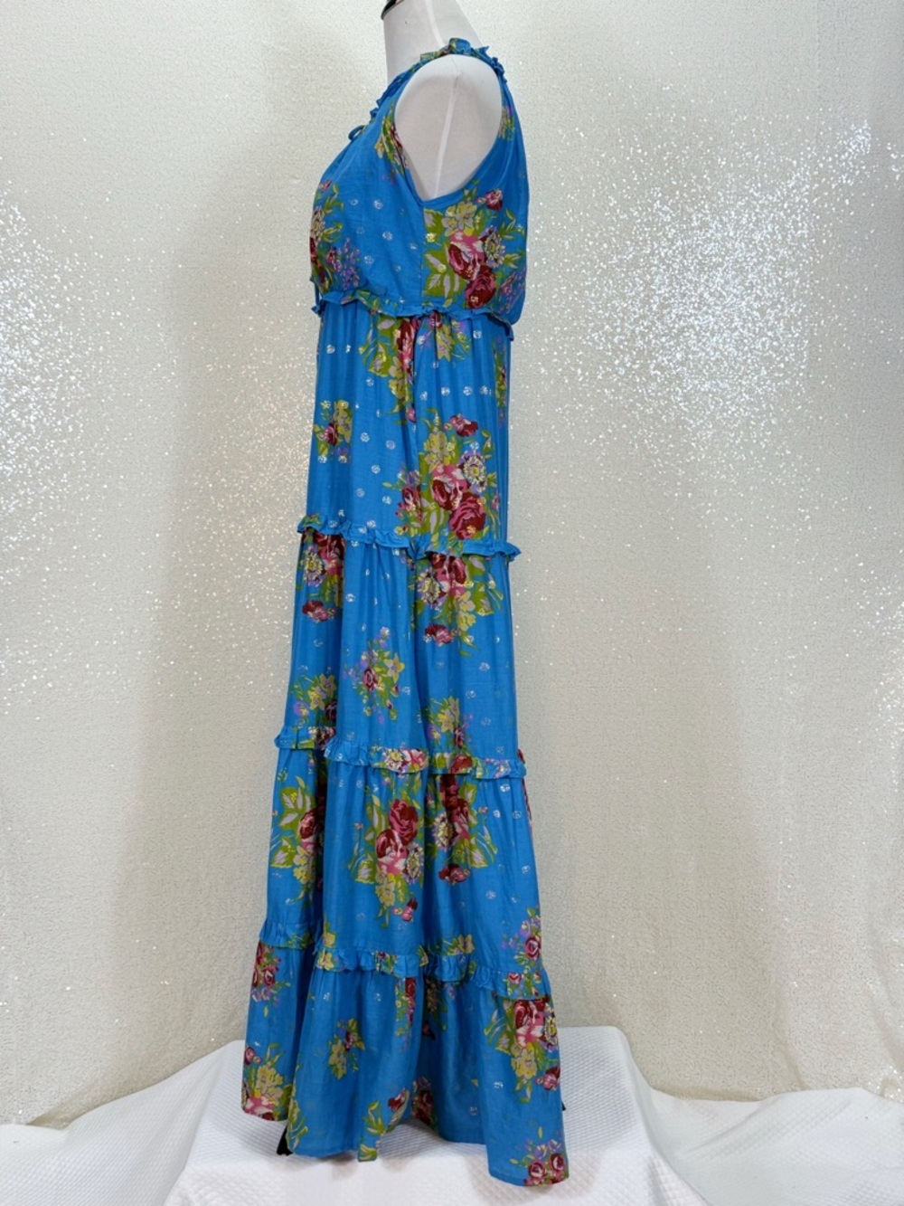 House of Harlow 1960 Blue Floral Maxi Dress Boho Tiered Ruffle Halter Feminine - Picture 7 of 16